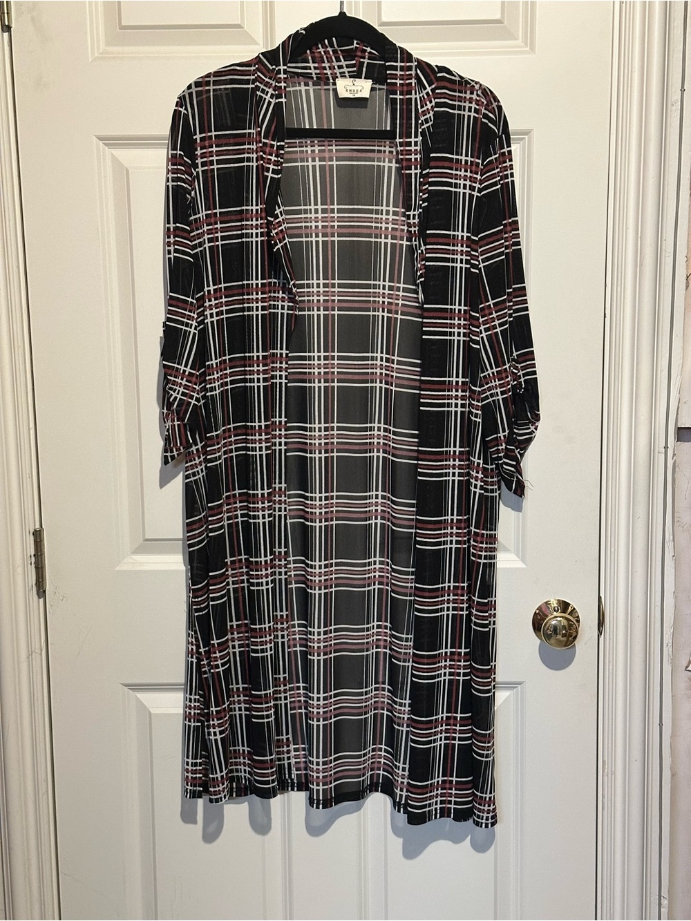 Ember Plaid Open-Front Cardigan in Black, White & Burgundy